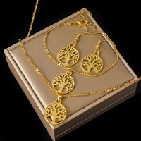 Életfa Nyaklánc Karkötő Fülbevaló Ékszerszett 316L Orvosi Fém Hipoallergén 14K Arany Ékszerdoboz Új!