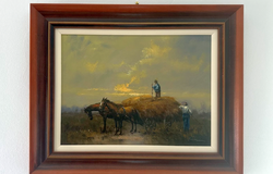 Bán Tibor: Szénagyűjtők - Zsűrizett olajfestmény, 30x40 cm, keretben