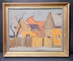 Különleges utcakép magyar zászlóval - hátoldalon folyóparti táj - kétoldalas olajfestmény, keretben