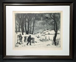 Gácsi Mihály: Vadászok (keretezett rézkarc) vadászat témájú erdei jelenet, természet, állatok