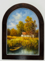 Lantos György: Horgásztanya - Zsűrizett, keretezett olajfestmény (43x30 cm)