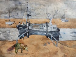 Selmeczi Mátyás: Kikötőben c. akvarell