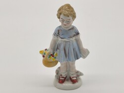 GDR Német porcelán figura kislány virág kosárral 13cm