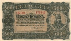 500 korona 1923 Pénzjegynyomda Egy gyenge hajtás középen
