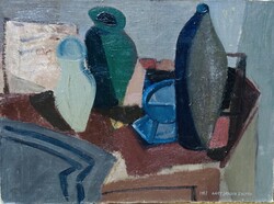 NAGY Sándor Zoltán (1941- ) festmény, Csendélet 1967., olaj vászon faroston, 54 x 40 cm, jjl.