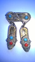 Vintage Ezüst filigrán bross-kitűző koráll és türkiz ékítéssel m 22x40 mm