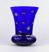 1Y574 Régi kisméretű kamillavirág mintás kék színű parádi üveg váza 13 cm