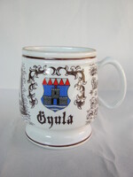 Hollóházi porcelán söröskorsó Gyula címerével