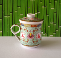 GYÓGYTEA KÉSZÍTŐ KELETI PORCELÁN TEÁS BŐGRE PORCELÁN SZÜRŐ BETÉTTEL ÉS FEDÉLLEL