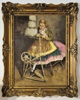 Kazacsay Gerőné: Rokázó népviseletes lány, reprezentatív aranyozott blondel díszkeretben