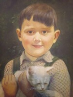 Géza Veress (1899-1970) - Little boy with white cat - 70 cm x 52 cm