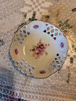 Lichte Fine China áttört bonbonier/tálka aranyszegéllyel, rózsás mintával (~13 cm)