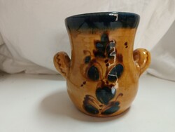 Fényes mázas kerámia két fülű csupor, jelzetlen, hibátlan - 14 x 11 cm