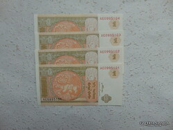 Mongólia 1 tugrik 2008 4 darab Sorszámkövető ! Hajtatlan bankjegyek