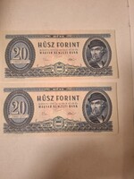 2 db sorszàmkõvető 20 Ft - os bankjegy, 1975