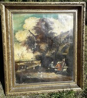 Antik  festmény. Tájkép - életkép.