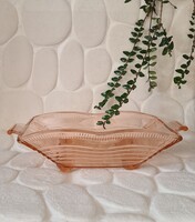 Art deco üveg kínáló tál rózsaszín áramvonalas szögletes kis lábakon álló gyönyörűség  30-as évekből