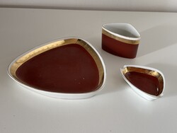 Hollóházi porcelán dohányzó garnitúra – 3 db – bordó arany díszítéssel