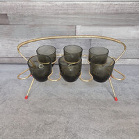 Retro füstüveg felespohár szett fém állványon