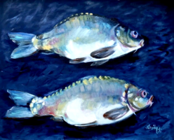 Kifogott pontyok - olajfestmény (hal, ponty) - 40 x 50 centi
