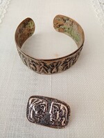 Régi iparművészeti ezüstözött réz Percz János karkötő és bross / kitűző