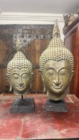 2 db Bronz Buddha-fej szobor fa talapzaton, keleti, ázsiai, japán, thai