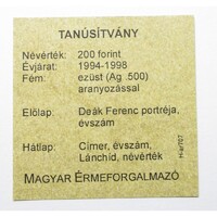Magyarország,200 forint 1994-98 - aranyozott ezüst 200-as - MÉF Certifikáció