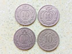 Ferenc József 4 db Különböző Érme 10 Heller Fillér 1894-1915 Habsburg Birodalom