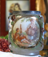 Antik, zsánerjelenetes, fújt üveg keksz tartó, cukor tartó, bonbon tartó