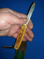 Antik acélpengés agancsnyeles vadászbicska SZÉKELYBICSKA zöld bőrtokban 13 cm ebből a penge 6 cm