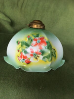 2db üveg lámpabúra egybe, nagyméretű art deco és fodros szélű virág dekoros réz foglalattal.