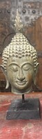 Bronz Buddha-fej szobor fa talapzaton, keleti, ázsiai, japán