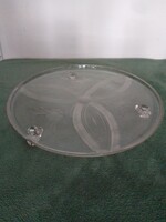 Hatalmas antik régi talpas üveg tortatál süteményes szendvicses kínáló alátét csiszolt minta 32,5 cm