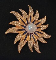 Statement bross arany-kék virágos strassz köves – elegáns, egyedi ékszer.Ajándék.