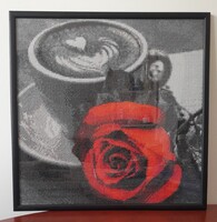 Rózsa és kávé – 40x40 cm-es gyémántszemes falikép