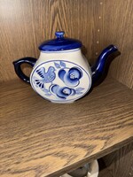 Vintage szovjet (USSR) kézzel festett porcelán teáskanna – kék-fehér népi mintával