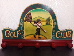 3 D-s, fából készült golfos fali fogas, 5 db akasztóval. 22.5*39.5 cm