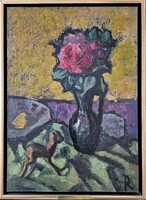 Pap Gyula - Virágcsendélet őzike szoborral 70 x 50 cm olaj, vászon