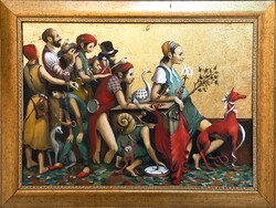 Kolozsvári Grandpierre Miklós "Unatkozók" c. olajfestmény ingyen postával