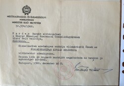 Szerencs, Élelmiszer Ipar Kiváló Dolgozója kitüntetés. Eredeti oklevélel. Miniszter h. aláírás 1968