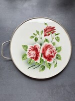 Régi, fajansz betétes fém keretes tálca vagy tortatál