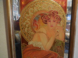 A.  MUCHA  : Álmodozás  - szecessziós , tükörre festett   üvegkép  , keretezve .  33 x 55 cm