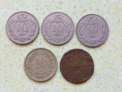 Ferenc József 5 db Különböző Érme 2 10 Heller Fillér 1894-1915 Habsburg Birodalom