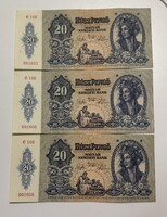 3 db 20 Pengő majdnem hajtatlan , közeli sorszámmal.
