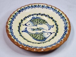 Rare marked Hódmezővásárhely fish-painted glazed ceramic plate or wall decoration, flawless, 19 cm.