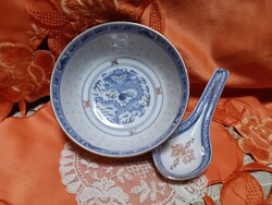 Rizsszemes,  Jingdezhen, kínai porcelán  rizses,  pudingos tál  kanállal
