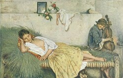 1Y778 Valentiny János Ábránd című festményének reprodukciója - antik faragott fa keretben