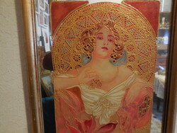 A.  MUCHA  - szecessziós , tükörre festett   üvegkép  , keretezve .  33 x 55 cm