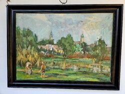 Nagybányai tájkép Zazar part életkép