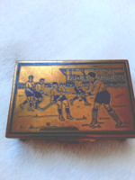 Vintage sárgaréz borítású sport témájú fa doboz – jégkorong jelenettel